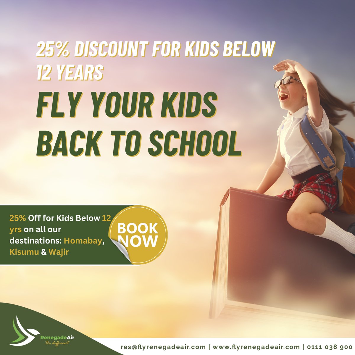 Back to school savings! Avail 25% off flights to #homabay, #kisumu & #wajir for kids under 12 years.
#backtoschool #newyear #flyrenegadeair #flyrenegadeairexperience #bediffrent #explore