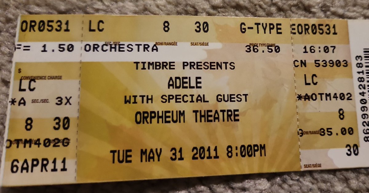 small_stones's tweet photo. Came across my ticket when I first saw @Adele live in #Vancouver in 2011. She was originally scheduled to play a gen admission show to a 1000 person standing-only ballroom but '21' released in January and the venue needed an upgrade to say the least! $36.50 ticket! @AdeleAccess https://t.co/7qAKw4XgER