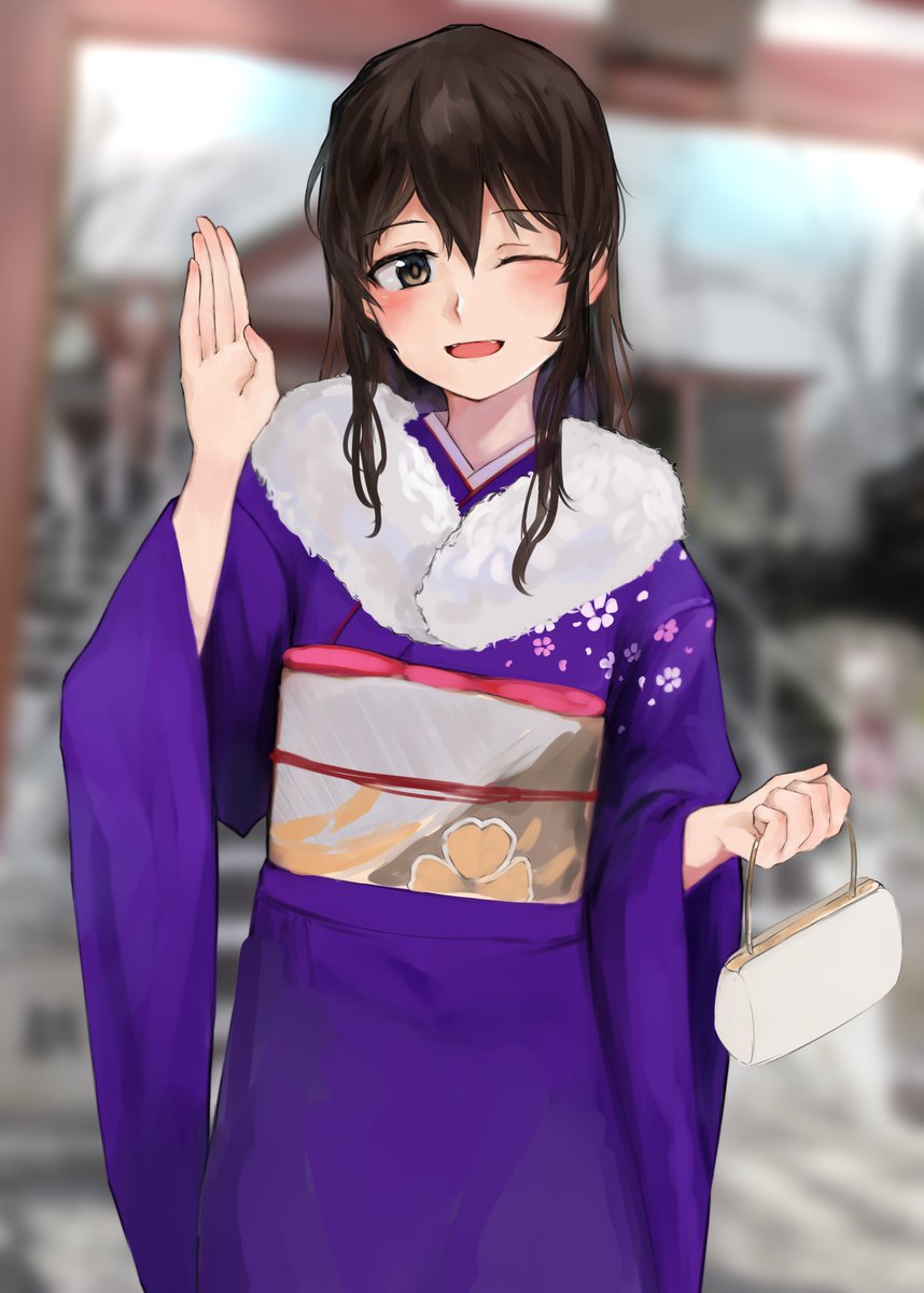 ashigara (kancolle) 1girl japanese clothes one eye closed kimono long hair solo brown eyes  illustration images