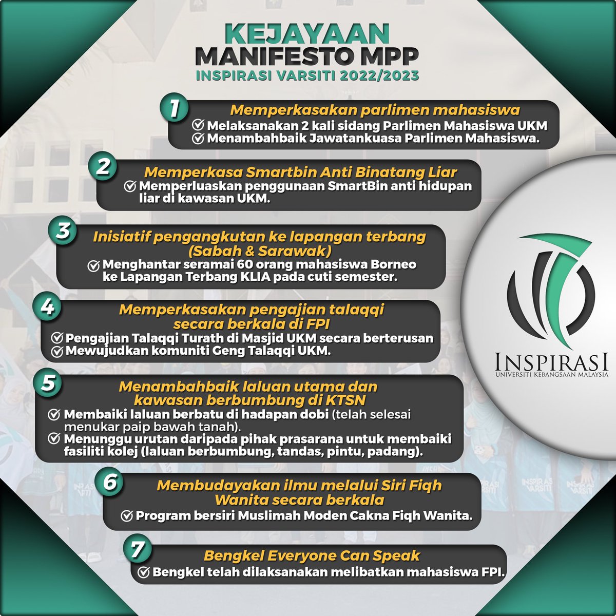 InspirasiV's tweet photo. ⚜️ [ KEJAYAAN MANIFESTO MPP INSPIRASI VARSITI TERLAKSANA ] ⚜️

Inspirasi Varsiti UKM tetap setia berkhidmat dalam menunaikan janji dan amanah yang telah diberikan.

"Inspirasi Proaktif &amp; Profesional"

#ActionInReality 
#AyuhBerinspirasiBersama
#UniversitiWatan
#NafasBaharu https://t.co/Nyun9hvVkp
