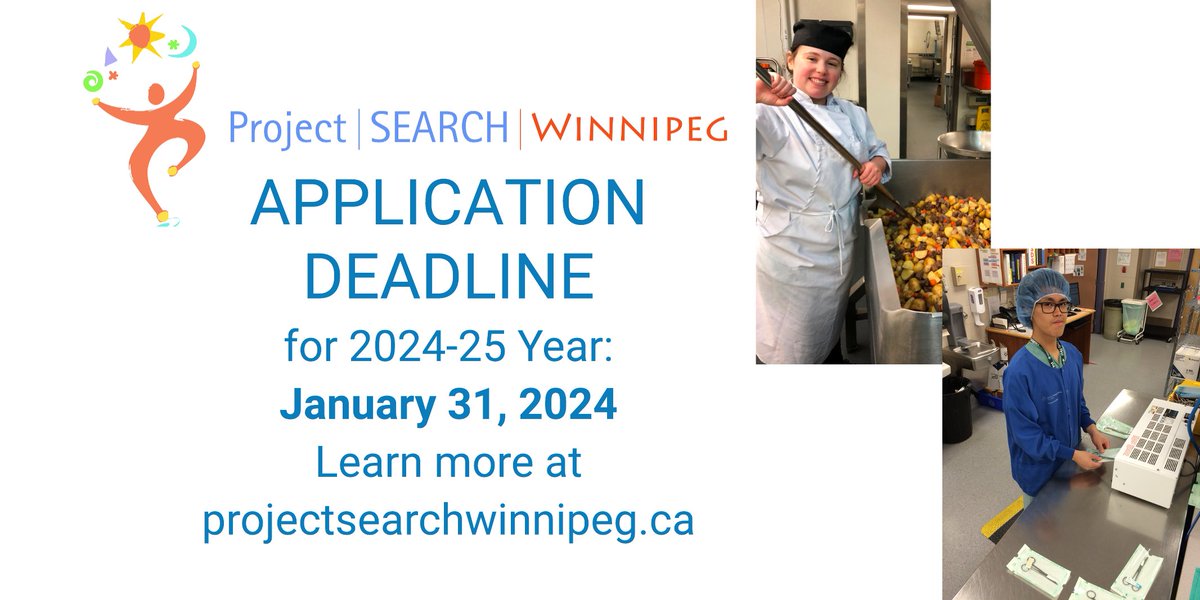 🚨Deadline Alert!🚨 Project SEARCH is an innovative and immersive school-to-work transition program. Application DEADLINE for Project SEARCH Winnipeg for the upcoming year: Wednesday January 31, 2024! Learn more about Project SEARCH Winnipeg here: projectsearchwinnipeg.ca