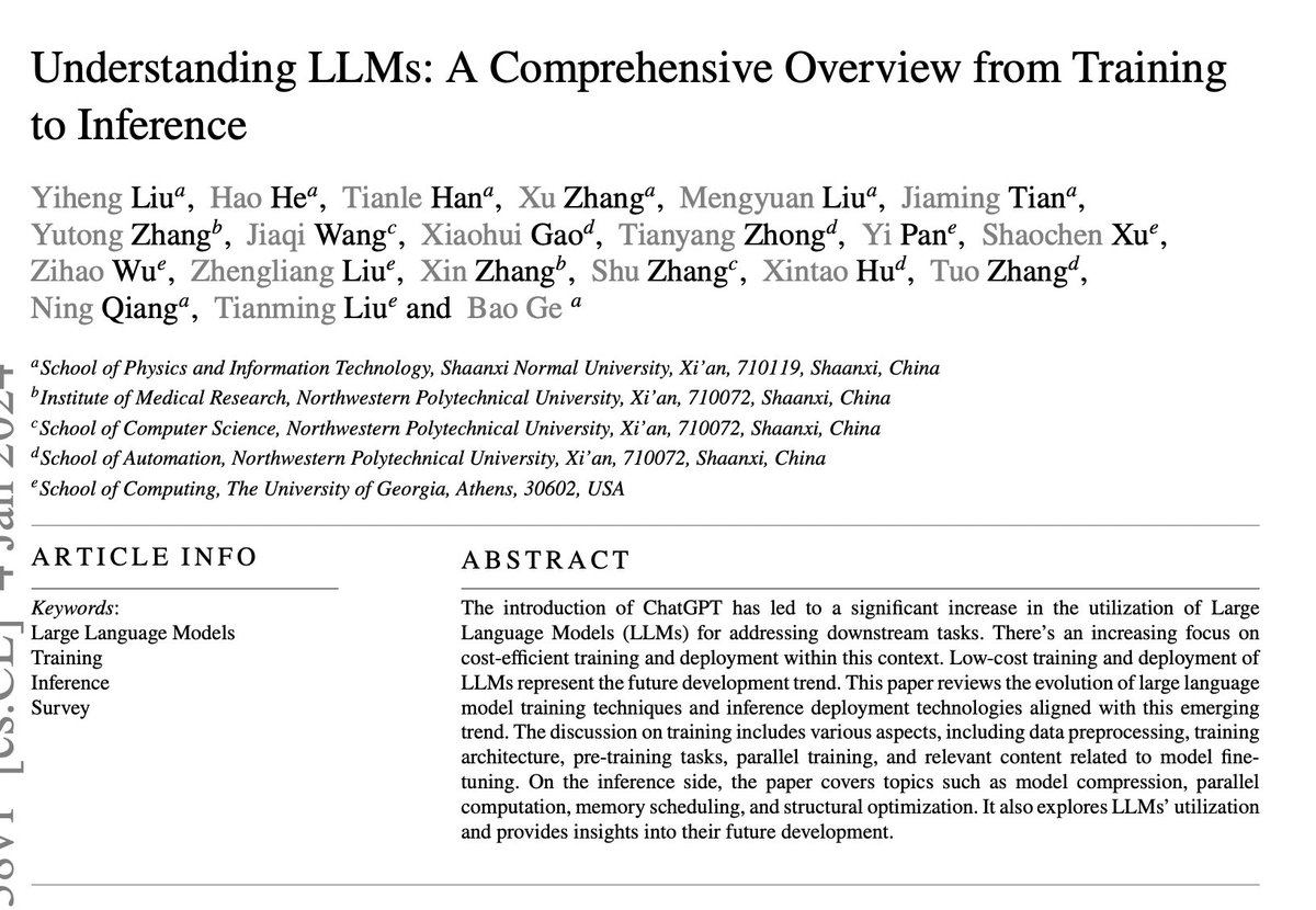 _akhaliq's tweet photo. Understanding LLMs: A Comprehensive Overview from Training to Inference

paper page: https://t.co/CGNmAaAVMa

The introduction of ChatGPT has led to a significant increase in the utilization of Large Language Models (LLMs) for addressing downstream tasks. There's an increasing focus on cost-efficient training and deployment within this context. Low-cost training and deployment of LLMs represent the future development trend. This paper reviews the evolution of large language model training techniques and inference deployment technologies aligned with this emerging trend. The discussion on training includes various aspects, including data preprocessing, training architecture, pre-training tasks, parallel training, and relevant content related to model fine-tuning. On the inference side, the paper covers topics such as model compression, parallel computation, memory scheduling, and structural optimization. It also explores LLMs' utilization and provides insights into their future development.