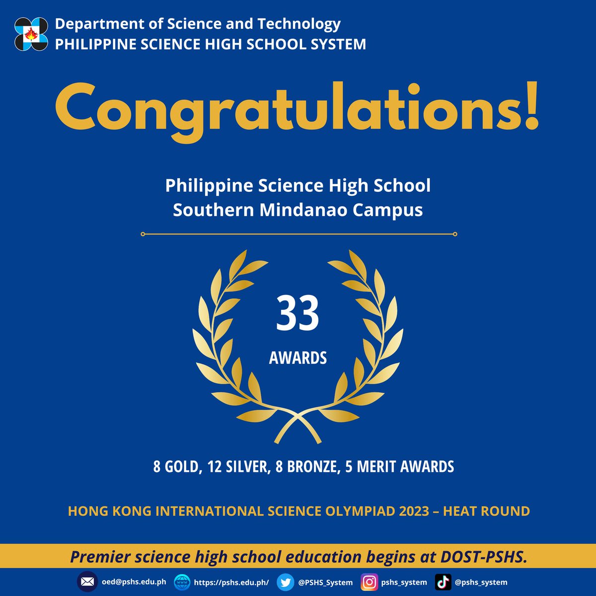 PSHS_System's tweet image. #HusayPisay
𝗕𝗿𝗶𝗹𝗹𝗶𝗮𝗻𝗰𝗲 𝗳𝗿𝗼𝗺 𝗣𝗦𝗛𝗦-𝗦𝗼𝘂𝘁𝗵𝗲𝗿𝗻 𝗠𝗶𝗻𝗱𝗮𝗻𝗮𝗼 𝗖𝗮𝗺𝗽𝘂𝘀
We commend the scholars and the coaches of PSHS-SMC for winning 33 awards in the Hong Kong International Science Olympiad (HKISO) 2023 - Heat Round! We are proud of you! #OneDOST4U