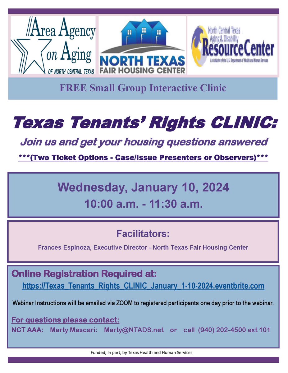 🌟MARK YOUR CALENDARS🌟
The North Texas Fair Housing Center presents: Texas Tenants' Rights Clinic
DATE: Wednesday, January 10, 2024 at 10am
FREE REGISTRATION: …inic_january_1-10-2024.eventbrite.com
#NTFHC #northtexasfairhousing #tenantsrights #housingrights #nctaaa #nctadrc