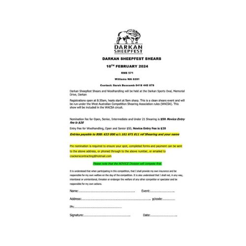 DSheepfest's tweet photo. Calling all shearers, wool handlers and shed staff! Entries for our 2024 Act Belong Commit Darkan Sheepfest Shears is now open. See the entry form below or contact Sarah Buscumb 0418445879 for further details. 

Know someone who should be in the spotlight? Tag them below! https://t.co/j09SYqZvia