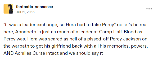 wordsandsense's tweet photo. @gmblla Hera took one look at Percy's behavior during The Titans Curse and assumed (correctly!) that a Percy who was actually dating Annabeth would be SO MUCH WORSE https://t.co/NZVEb1eyF7