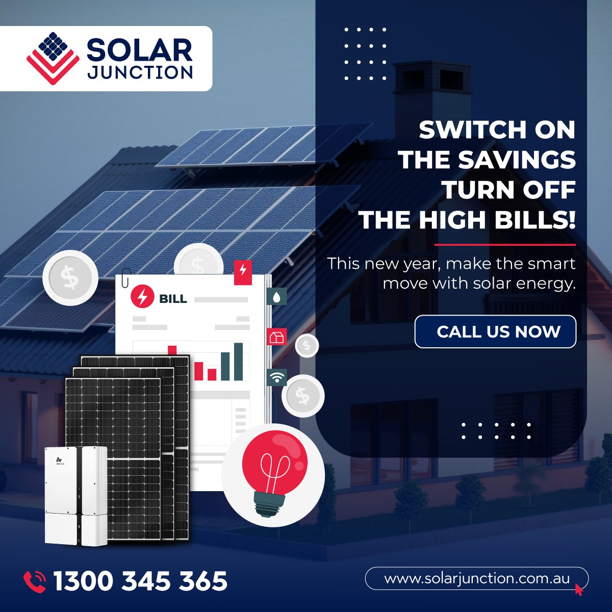 solarjunctionau's tweet image. Switch on the savings and say goodbye 👋🏻 to high energy bills 📈!

This new year, make the smart move to solar energy ☀️

So why wait? Make the switch now.

Get a Free quote now! ✅

💻 Visit us: solarjunction.com.au

#solarpanelpackages #residentialsolarsystem #solarjunction