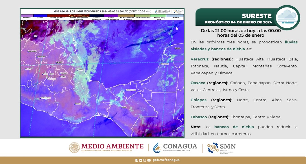 conagua_clima's tweet photo. Se prevén bancos de #Niebla y #Lluvias aisladas para la noche de hoy en regiones de #Veracruz, #Oaxaca, #Chiapas y #Tabasco. Más información, en la imagen https://t.co/9oFlRhSiyU