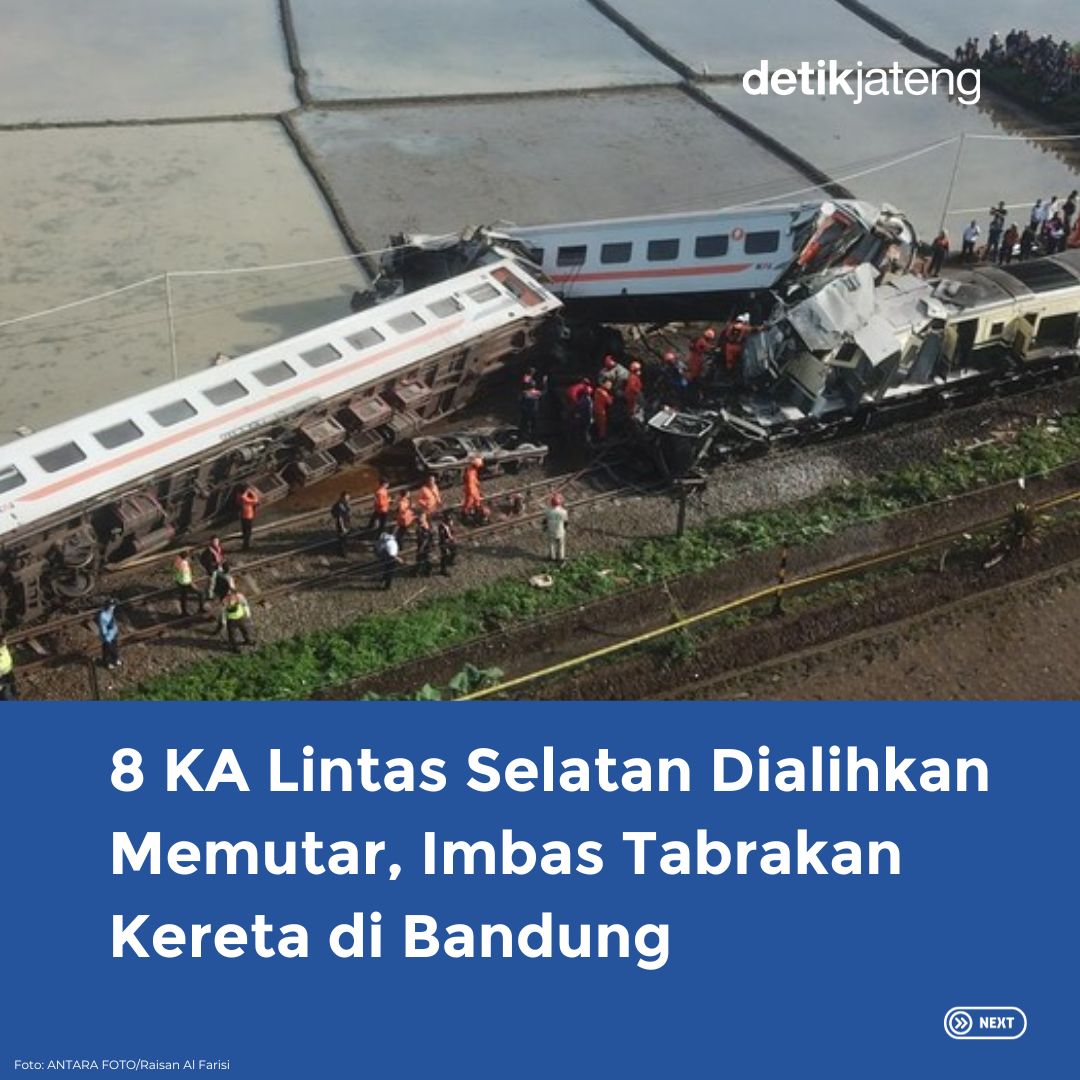detikjatengcom's tweet photo. PT Kereta Api Indonesia (KAI) Daop 5 Purwokerto mengalihkan perjalanan kereta api (KA) yang melintas di jalur Kroya-Bandung. Pengalihan ini imbas dari kecelakaan yang melibatkan dua kereta di Cicalengka, Kabupaten Bandung, pagi ini.
#daop5 #purwokerto #infokereta #katurangga https://t.co/xDw3BwhuYP