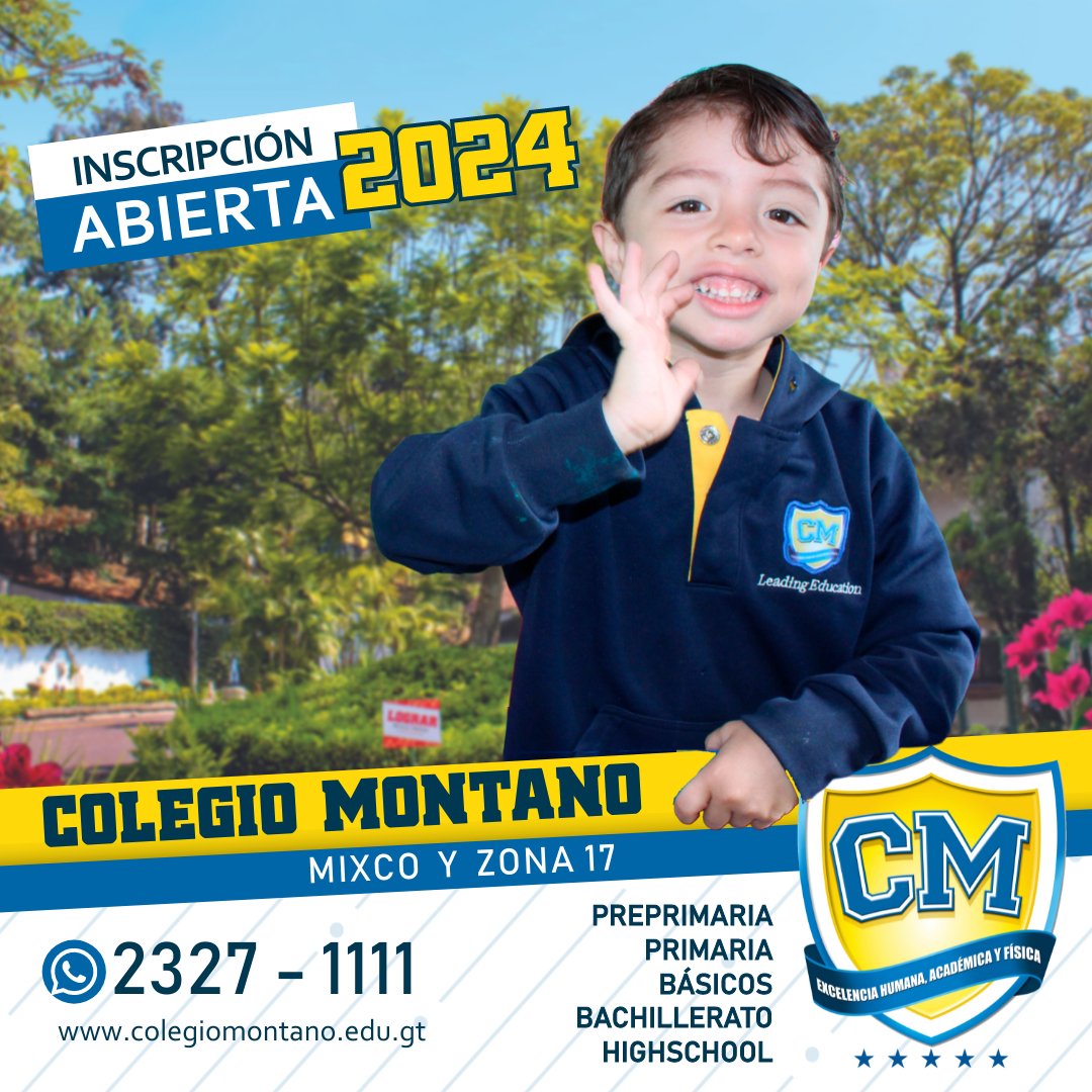 ColegiosMontano's tweet photo. 🎓No esperes más para dar a tus hijos la mejor educación posible. ¡Inscríbelos ahora para el Ciclo Escolar 2024 en #ColegioMontano y asegura su éxito futuro!
Solicita Información 💬
#Preprimaria #Primaria #Básicos #Bachillerato #HighSchool https://t.co/R9Rw8r5oFh