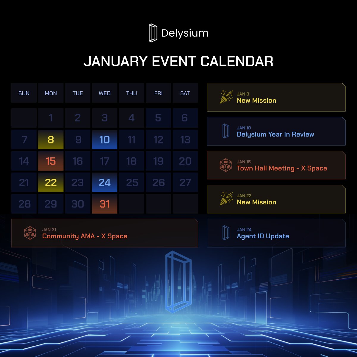 Delysium's January Event Calendar What's scheduled: 🔹 Jan 8th - New Mission 🔹 Jan 10th - Delysium Year in Review 🔹 Jan 22nd - New Mission 🔹 Jan 24th - Agent ID Update Stay tuned, more items will be added along the way. Join our Discord for the latest updates:…