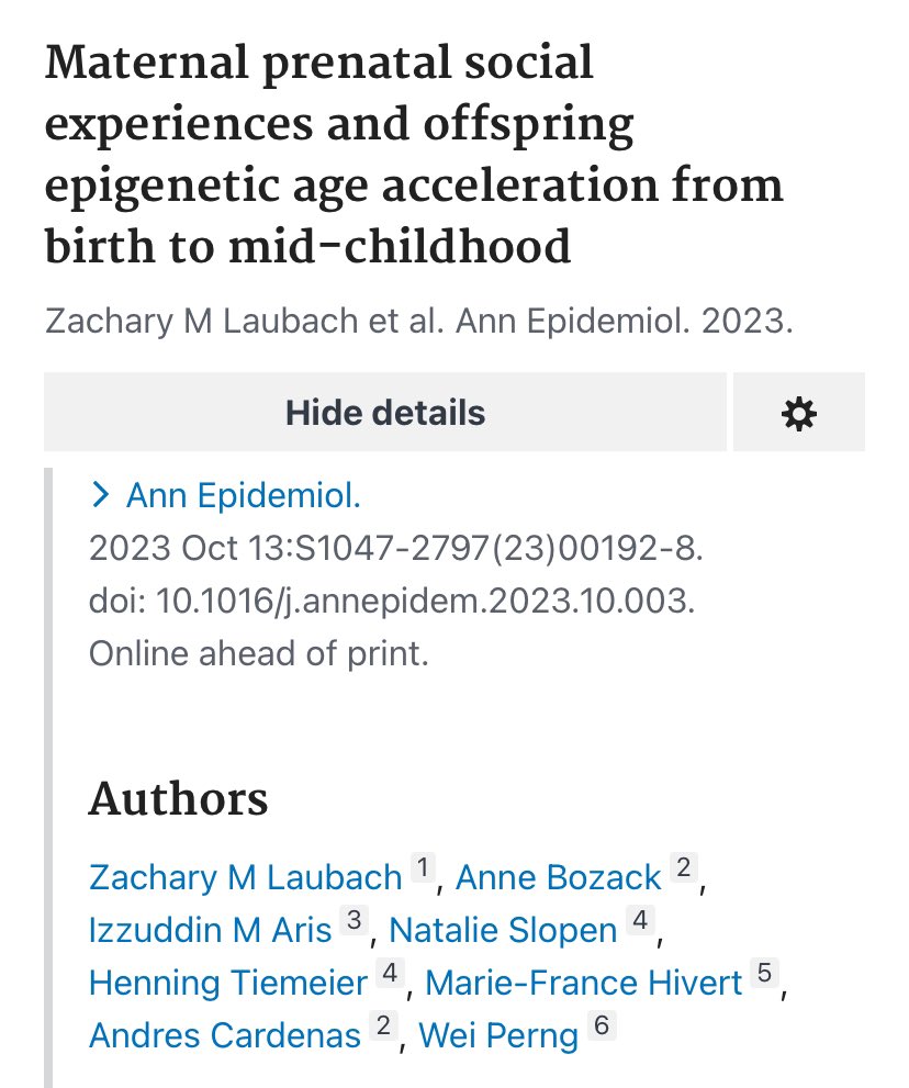 Pumped that this paper is finally out there: maternal experiences of racial bias &amp; discrimination predict slower epigenetic aging in offspring from birth through mid-childhood. Does this reflect a #lifehistorytradeoff? Will it reverse after puberty? Follow-up studies will tell.