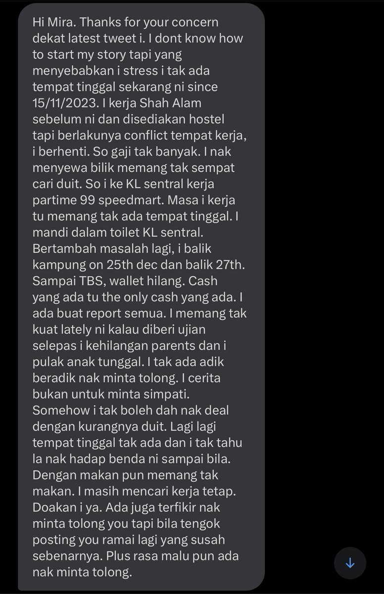 mighvv's tweet photo. Suicidal thoughts is real & I rasa we need to help this man. Why? He used to help students yang minta bantuan di tweet I back in 2019-2020. 

But now, he’s in the darkest stage of his life. He is basically ‘homeless’. Kenapa dia DM I? Sebab I reply to his tweet yang ada suicidal thoughts. Kalau korang ada tempat kerja area KL/Selangor yang bagi tempat tinggal sekali please DM me.

As of now, I ingat nak cari fund around RM400 untuk bagi dia survive dahulu. If korang nak bantu;

552189537243
Maybank
We Listen MY
Ref: Brother H
