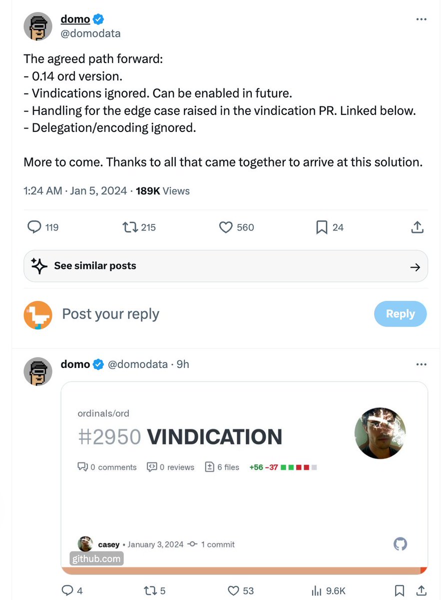 什么是Vindication? BRC20成功升级 皆大欢喜？

Vindication是昨天新发的一个PR，新增一个charm. 可以理解为把【按Jubilee前的规则会被认定为诅咒铭文, Jubilee后被Bless，直接刻为正常铭文，赋予正常编号】的铭文都打了个标签【Vindicated】。
而按照当前Domo, unisat,