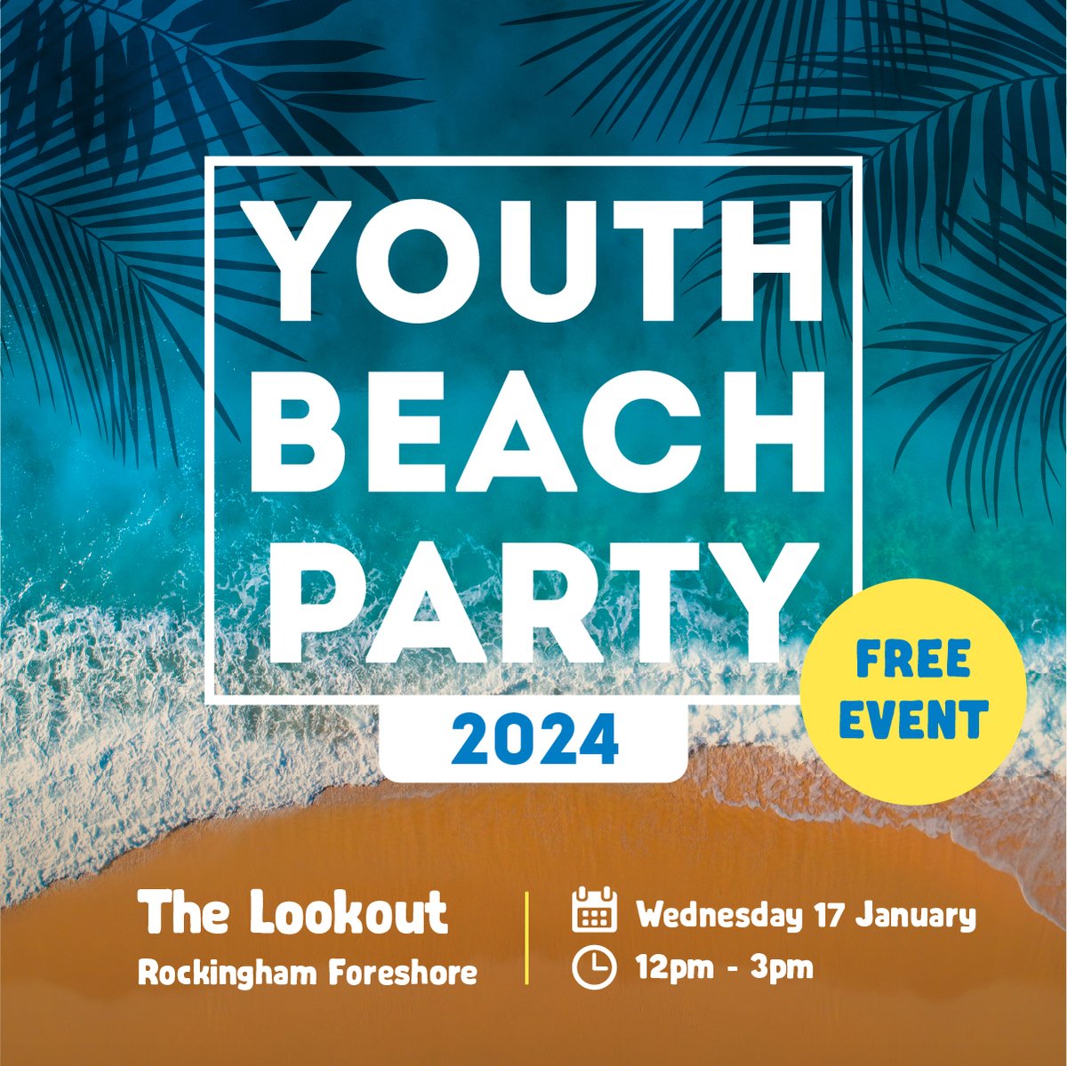 Join us for summer's best beach party on Wednesday 17 January at the Rockingham Foreshore. Free event  for 12-18 year olds. Register for your free ticket so you don't miss out. rockingham.wa.gov.au/youthbeachparty