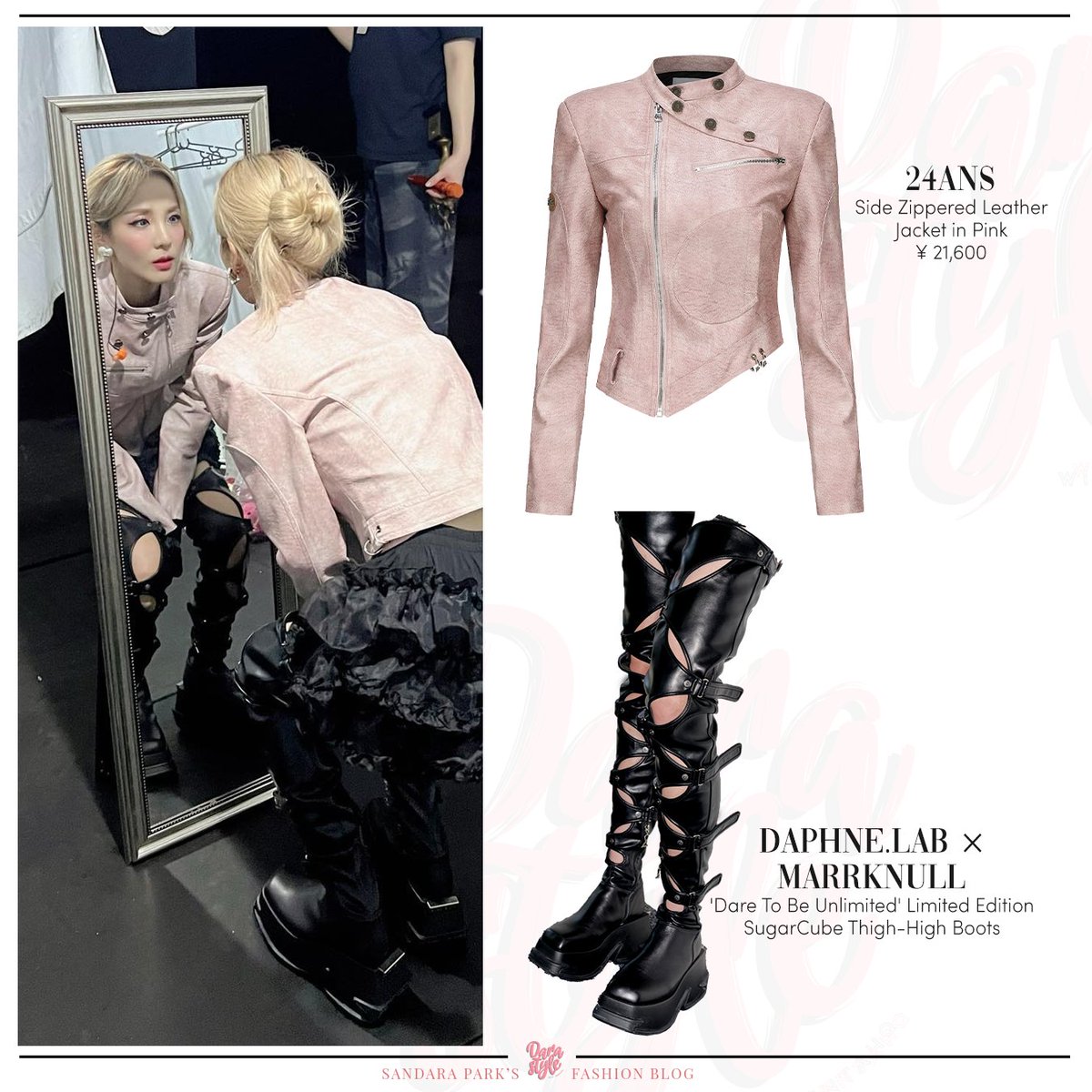 DaraStyle_'s tweet photo. [SNS Update] 240104 - #DARA IG Post, wearing:

#24ANS Side Zippered Leather Jacket in Pink
#DAPHNELAB × #MARRKNULL 'Dare To Be Unlimited' Limited Edition SugarCube Thigh-High Boots
-
#SandaraPark #산다라박 #다라 https://t.co/khPV8lbMNZ