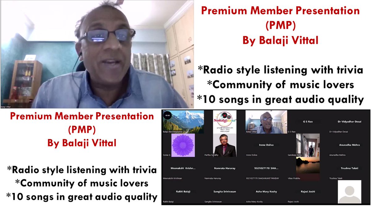 Thursday : 04 Jan, 2024.

It was honour for us at Nostalgiaana to host Balaji Vittal for our first Premium Member Presentation (PMP).

*Radio style listening with trivia
*Community of music lovers
*10 songs in great audio quality

Thank you Balaji for joining & inaugurating PMPs.