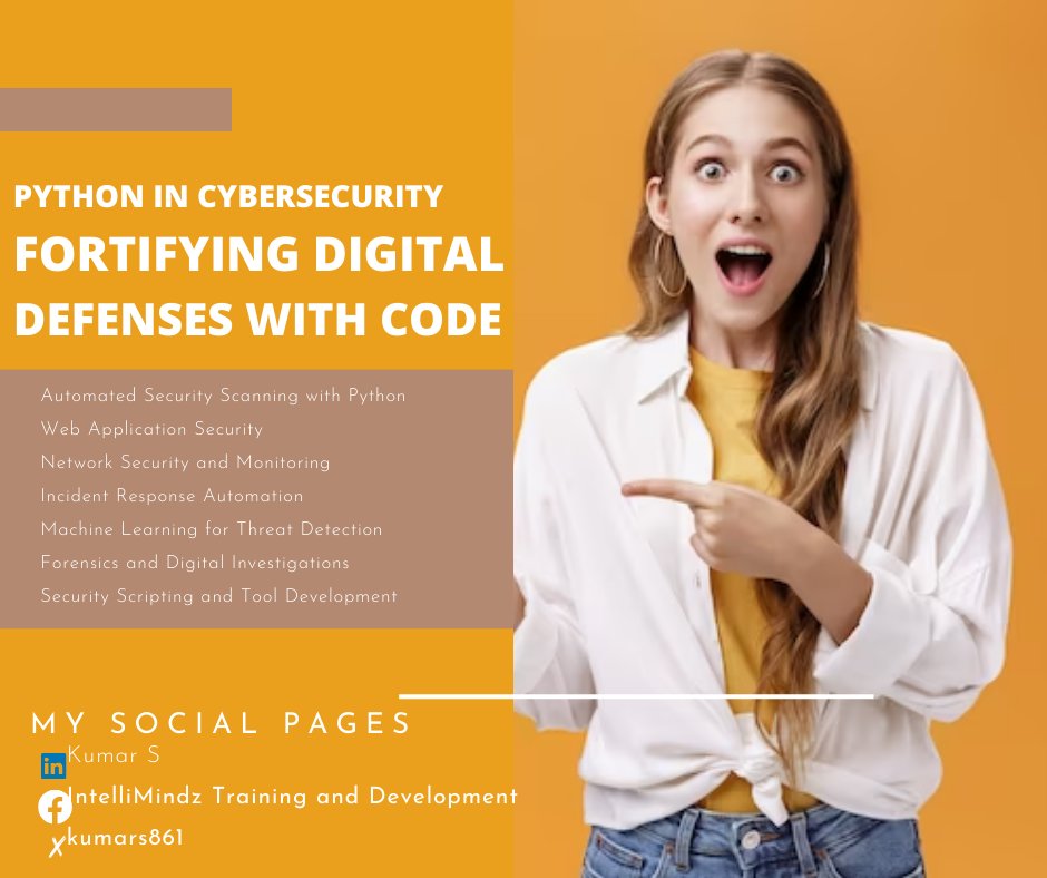 kumars861's tweet image. Empower your cybersecurity arsenal with Python! Strengthen digital defenses, automate security scans, and stay ahead of evolving threats.
#PythonSecurity #CyberDefense #CodeForSafety #DigitalSecurity #InfoSec #TechInCyber #PythonProgramming #CyberResilience #CyberAware