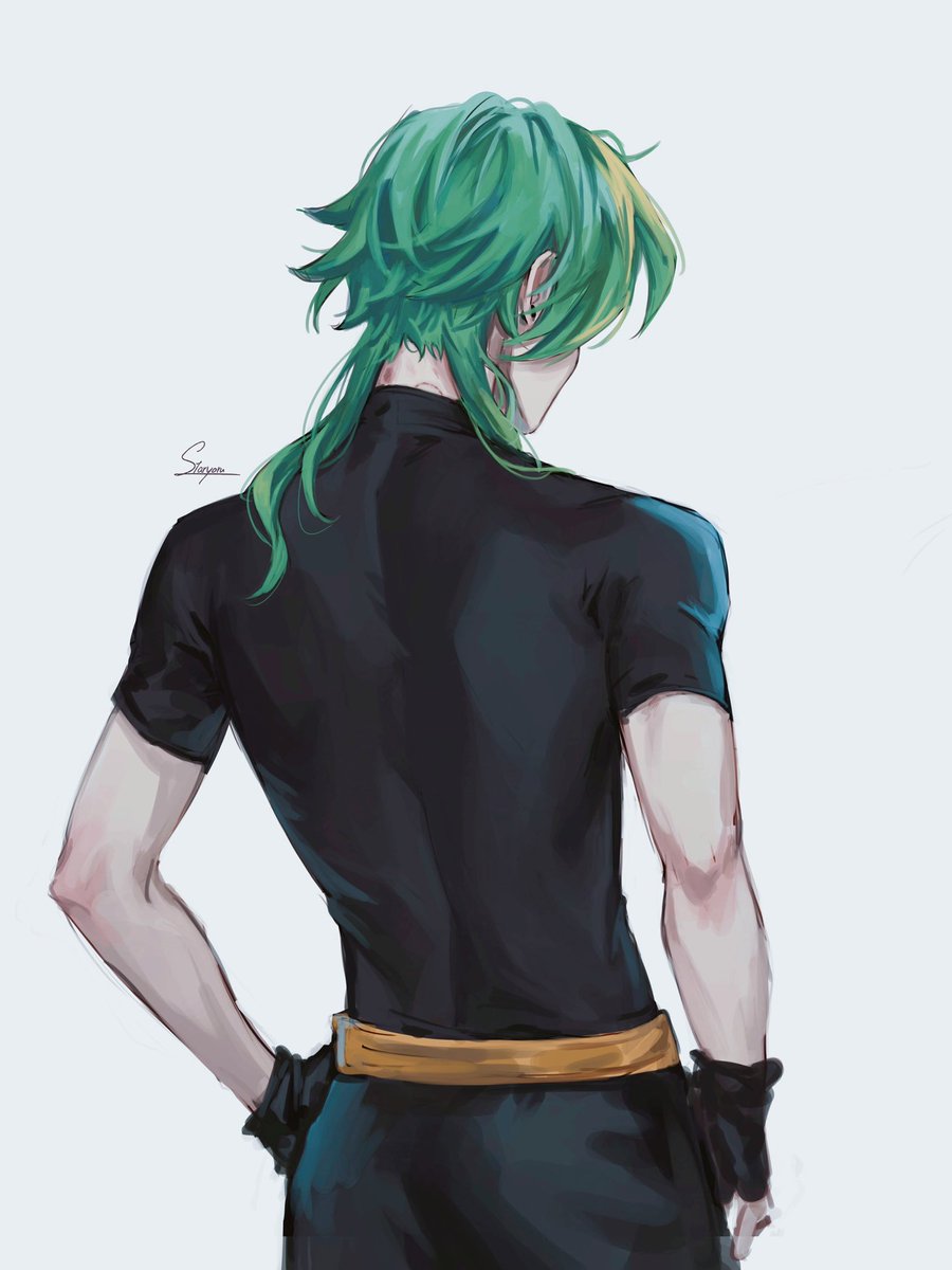 male focus solo green hair 1boy gloves from behind shirt  illustration images