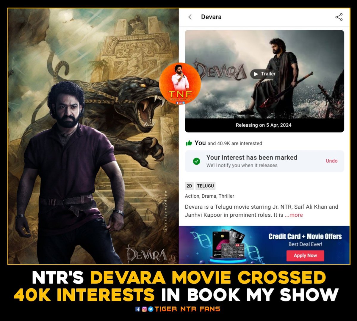 TigerNTRFans's tweet image. NTR&apos;s #Devara Movie Crossed 40K Interests in @bookmyshow 
#DevaraGlimpseOnJan8th @tarak9999