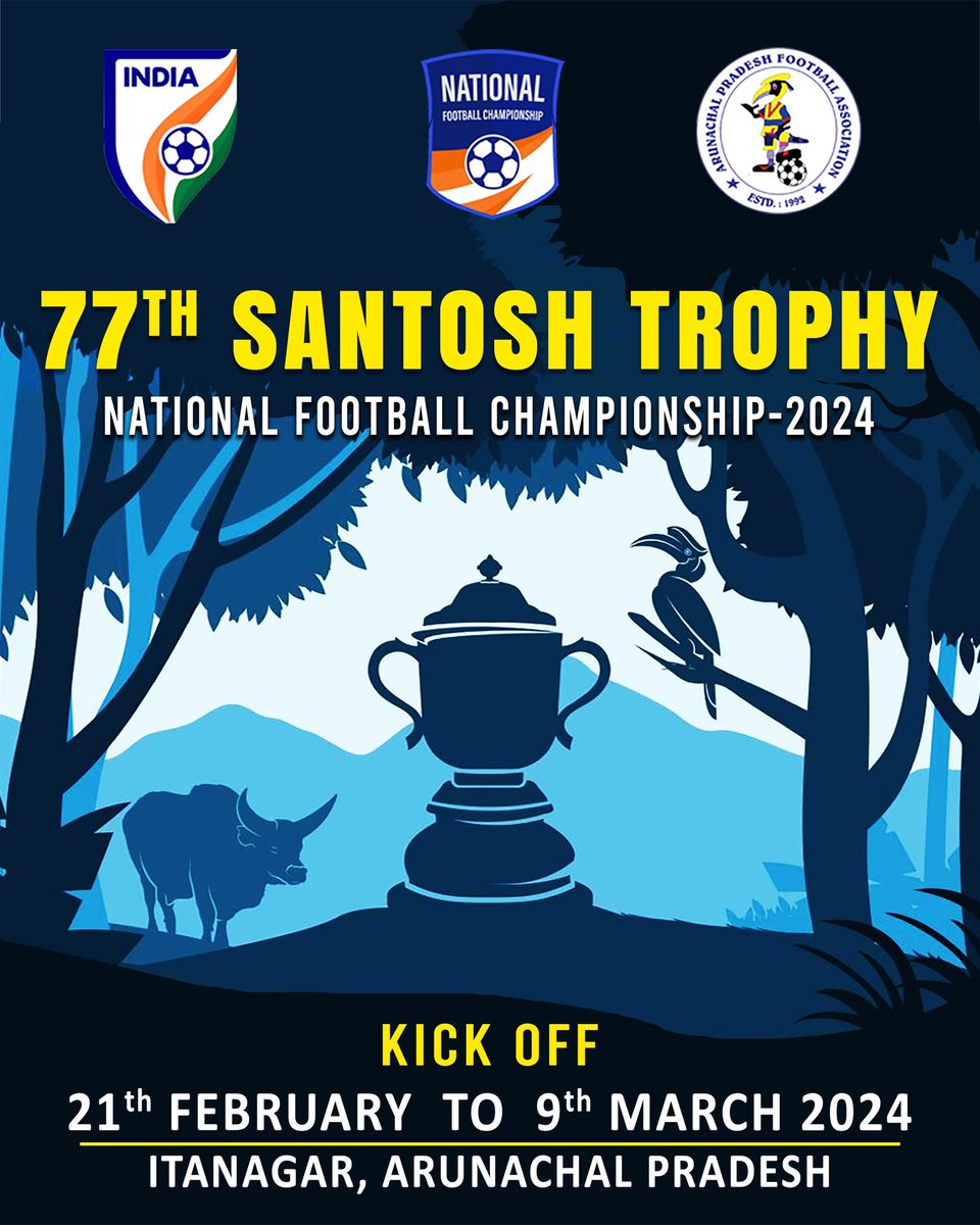 Announcement ⚽:

77th Santosh Trophy National Football Championship-2024⚽️⚽️⚽️⚽️⚽️⚽️

The championship is now scheduled to take place from 21st February to 9th March 2024 at Golden Jubilee Outdoor Stadium, Yupia! Rajiv Gandhi Stadium Naharlagun, Arunachal Pradesh😊⚽⚽

This