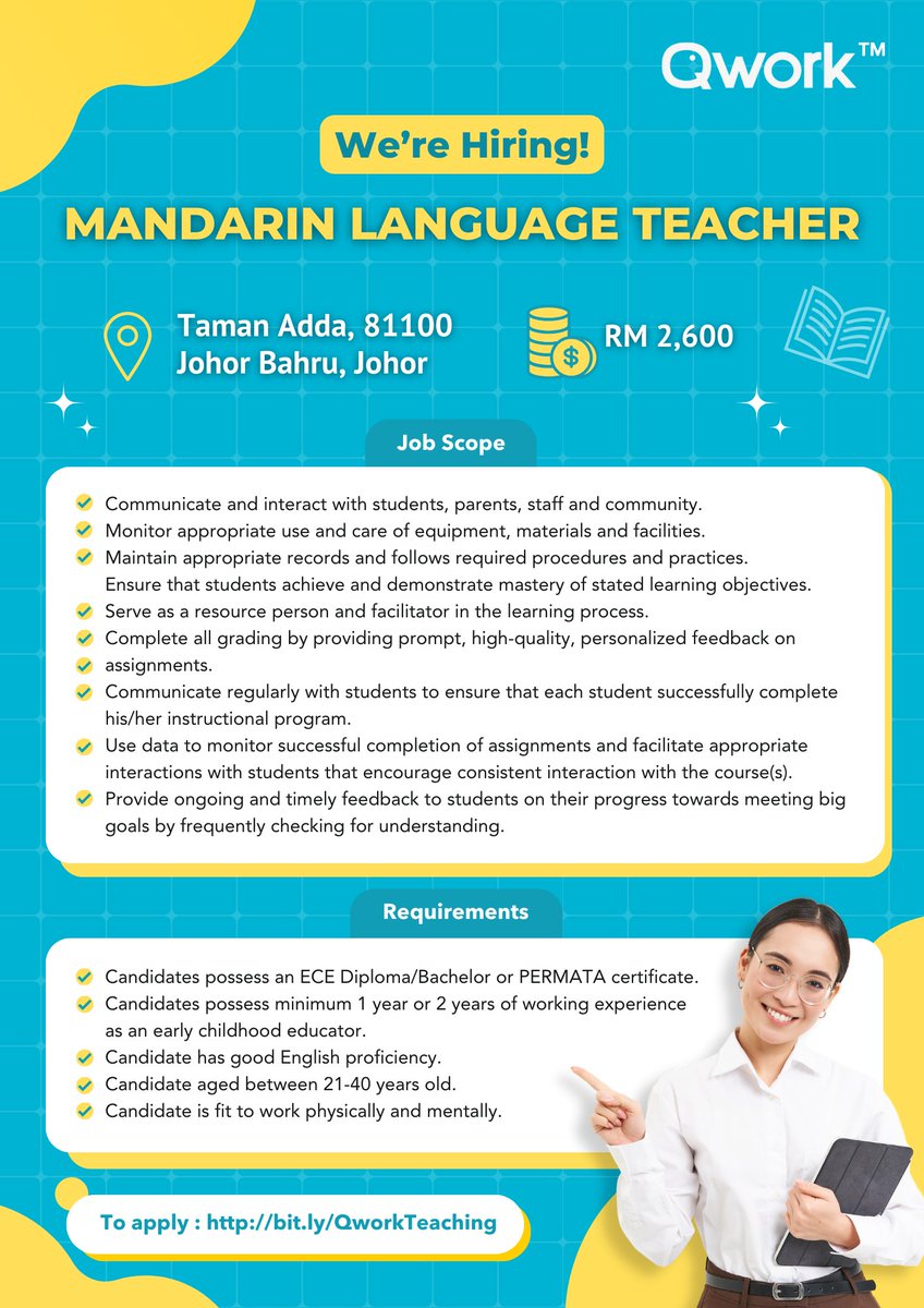 QworkMy's tweet photo. Exciting Opportunities Await!  Qwork is on the lookout for passionate educators! 👩‍🏫 

Elevate as a Principal, shape young minds as ECE teachers, and dive into the world of language education as Mandarin and Chinese Language teachers. 📚✨ 

Apply now at https://t.co/XH7SzceYU3 https://t.co/jV92MUNduV