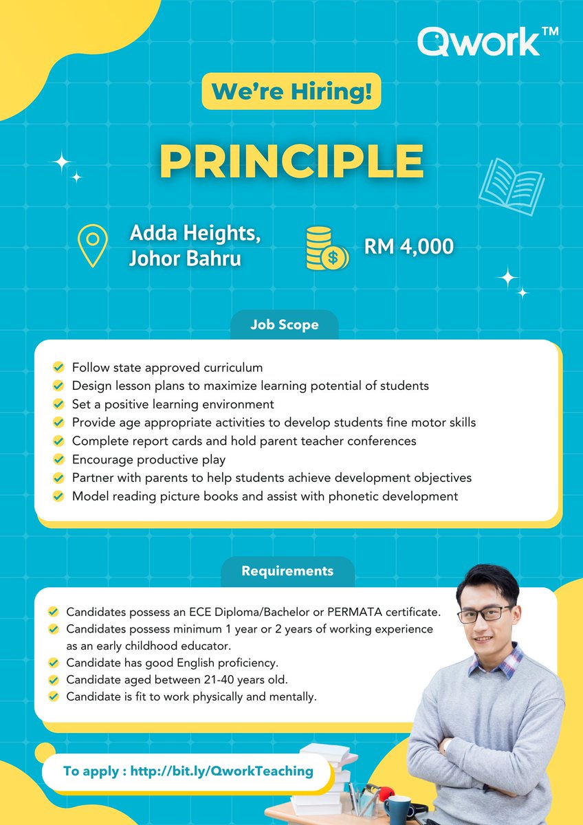 QworkMy's tweet photo. Exciting Opportunities Await!  Qwork is on the lookout for passionate educators! 👩‍🏫 

Elevate as a Principal, shape young minds as ECE teachers, and dive into the world of language education as Mandarin and Chinese Language teachers. 📚✨ 

Apply now at https://t.co/XH7SzceYU3 https://t.co/jV92MUNduV