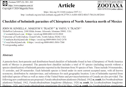 Zootaxa's tweet photo. Checklist of helminth parasites of Chiroptera of North America north of #Mexico 
--The state of knowledge of helminths of bats in North America is briefly discussed.
https://t.co/XwWupJF70k 
#Taxonomy https://t.co/1je4rJViMr