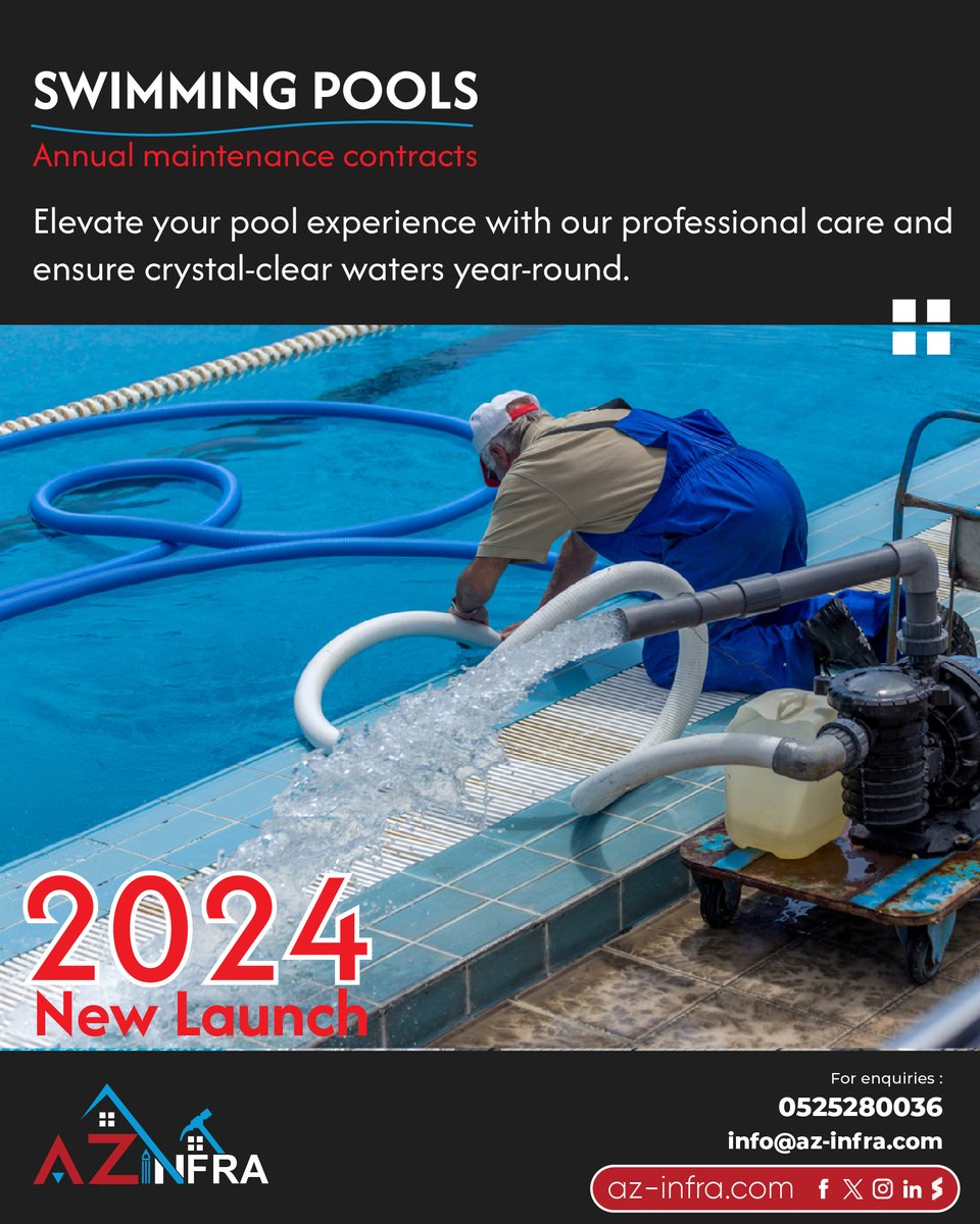 azinfrauae's tweet image. Dive into a worry-free oasis! 🏊‍♂✨ Introducing AZ Infra&apos;s Annual Maintenance Contract (AMC) for swimming pool maintenance across the UAE. Elevate your pool experience with our professional care and ensure crystal-clear waters year-round

#AZInfra #PoolMaintenance #AMCService