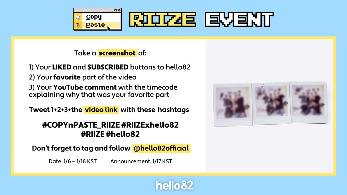 hello82official's tweet photo. ๐คRIIZE Signed Polaroid Event๐ค
Don't miss out on a chance to win one of these exclusive signed Polaroids!
Watch COPY&PASTE w/ @RIIZE_official and follow the instructions
๐ https://t.co/Xf36wbzVXM
#COPYnPASTE_RIIZE #RIIZExhello82 #RIIZE #hello82 https://t.co/FHpqvCS2Wf