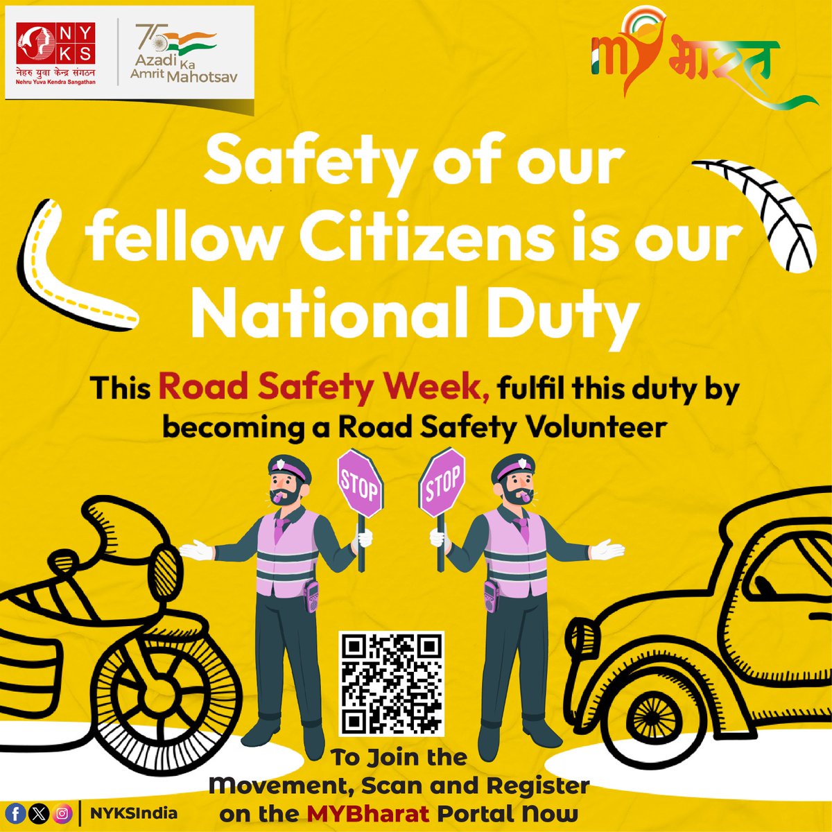 This #RoadSafetyWeek2024 fulfil your national duty by spreading awareness about road safety by becoming a 'Road Safety Volunteer'. Scan and Register on #MYBharat portal to become a volunteer and stand a chance to participate in a national level event and learn new skills.