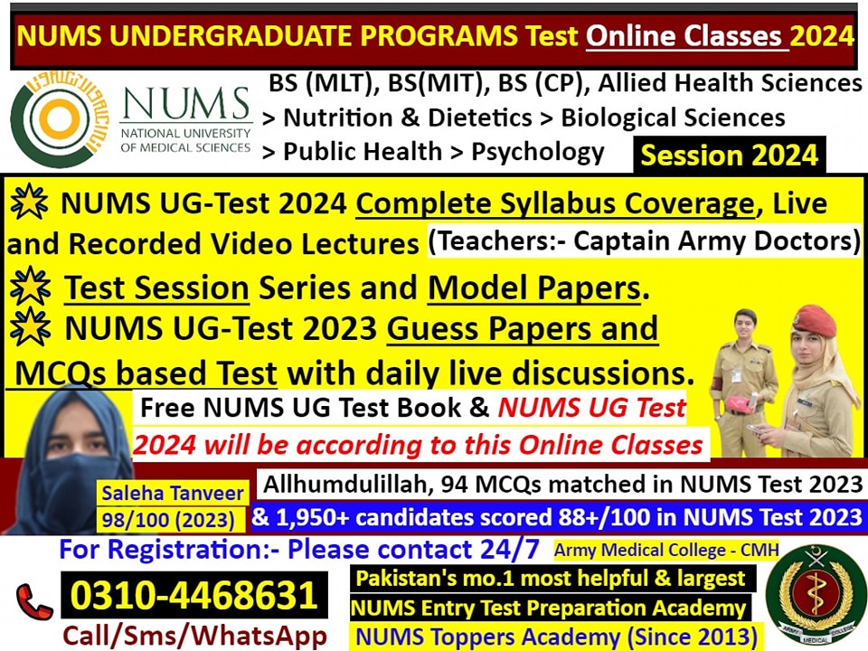 NumsPmc's tweet photo. Complete preparation in 07 Day's
Test Date, NUMS UG 15th Jan, 2024
Join AMC &amp; CMH
Teachers:- NUMS/AMC Topper's
• Live and Recorded Video Lectures
• Test Session Series
• Model, Practice &amp; Guess Papers

☎️ 0310-4468631
Call/WhatsApp
 #armydoctors #cmh #CMH #CMHLahore #CMHUGTest https://t.co/glzQ1hKJfZ