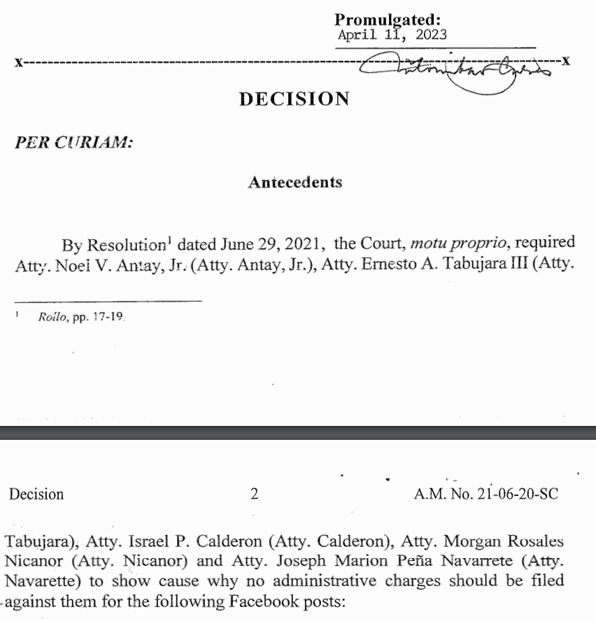 Friendly reminder that Re: Disturbing Social Media Posts of Lawyers/Law Professors (A.M. No. 21-06-20-SC, 11 Apr 2023) is precedent that the SC can motu proprio investigate social media posts of lawyers, and mete penalties if they violate CPRA. sc.judiciary.gov.ph/wp-content/upl…