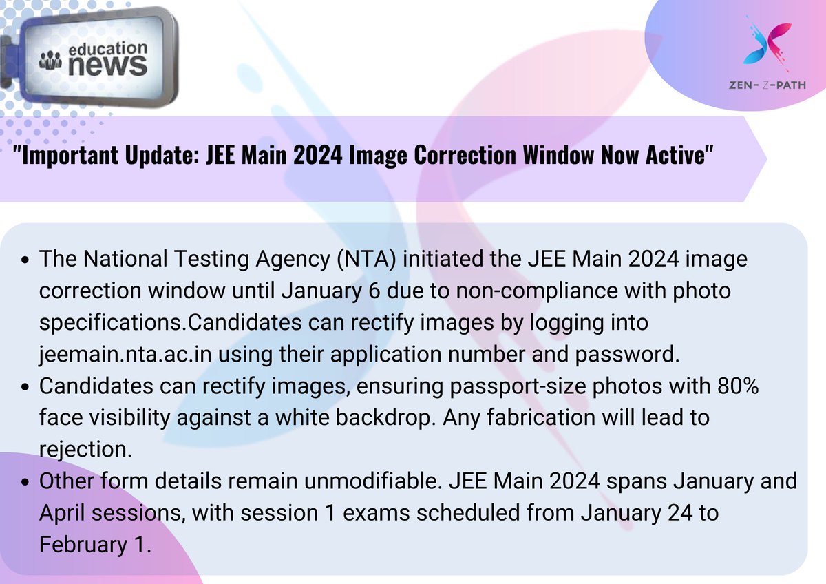 'JEE Main 2024: Image Correction Window Opened, Edit Session 1 Application Form by January 6'
#JEEMain2024 #ImageCorrection #ApplicationForm #NTA #ExamUpdate #Session1 #Deadline #ImportantNotice #ZENZPATH