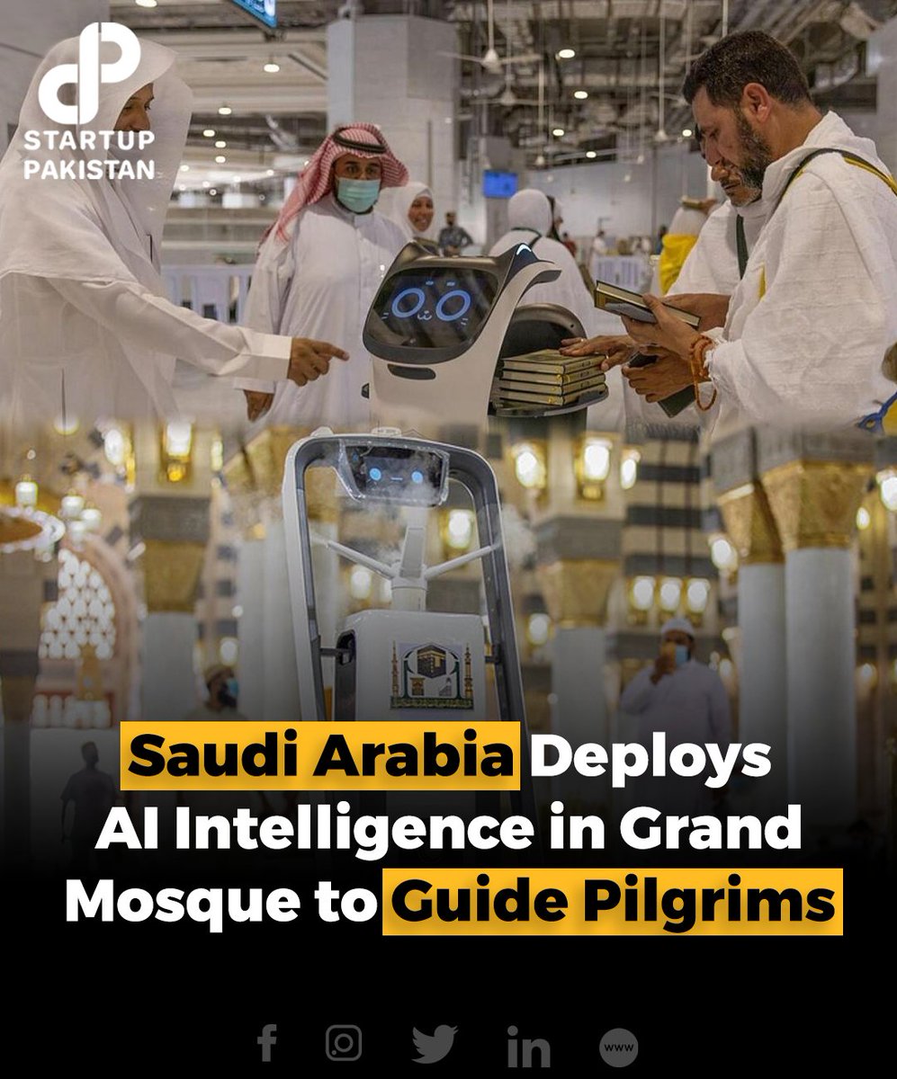 PakStartup's tweet image. The Authorities of the Two Holy Mosques in Saudi Arabia have implemented artificial intelligence (AI) technologies and various digital methods to provide guidance.

#Saudiarabia #Deploys #AI #Intelligence #Grand #Mosque #Pilgrims