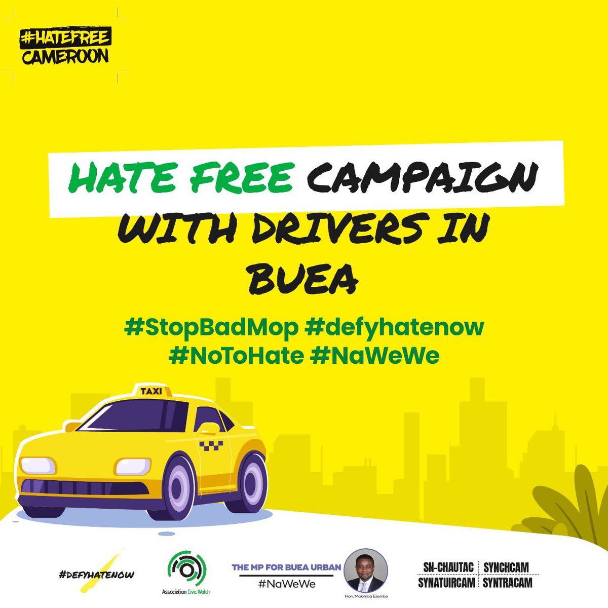 Our team shall be in Buea to participate in the #HateFreeCameroon campaign with drivers in Buea.
<a href="/MalombaEsembeMP/">Malomba Esembe MP</a> <a href="/DefyhatenowWCA/">#defyhatenow West & Central Africa</a> <a href="/civic_watch/">Civic Watch</a> 
#StopBadMob