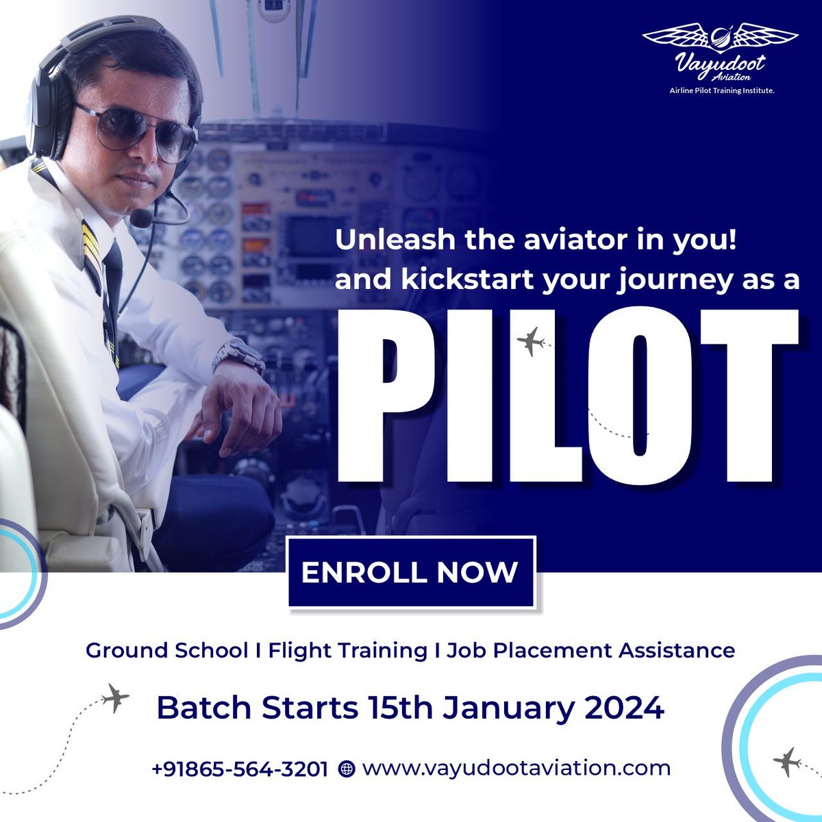 Vayudoot Aviation invites you to soar with purpose in our upcoming  Training batch which starts on 15th January 2024!  Book your seat today.
#vayudootaviation #pilottraining #pilotcareers #Flyhigh #avgeek #pilotlife #pilottraining #aviation #cpl #dcga