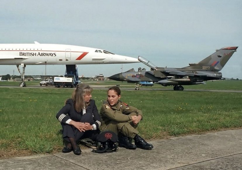 Saw this on IG &amp; had to share: The first female Concord pilot, Barbara Harmer, sitting down with the first female RAF combat pilot, Jo Salter, both in front of their respective jets. Taken 1995, the year I was born. 

Awesome.