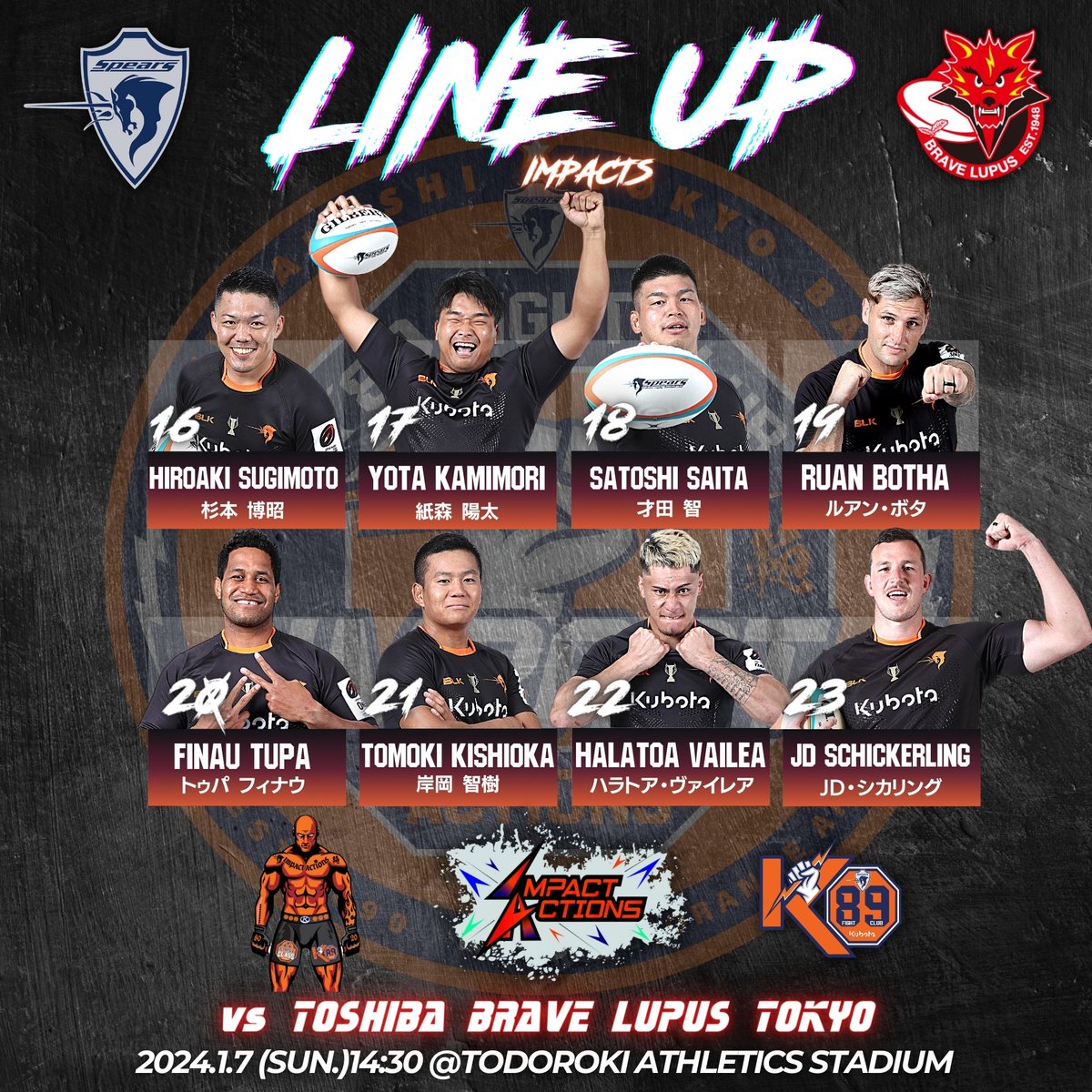 #Round4 1月7日(日)14:30キックオフ
vs 東芝ブレイブルーパス東京🐺🔴
<a href="/bravelupus1048/">東芝ブレイブルーパス東京</a> 
🏟等々力陸上競技場

リーグワンの頂点を目指すべくBEST FIGHTERS、CORNERMENは川崎へ🥊🔥
第4ラウンドに挑むファイター達をご紹介⚡️

【観戦情報】
ホスト＆ビジター🏟
ビジターゲーム
bravelupus.com/news/240107_1/