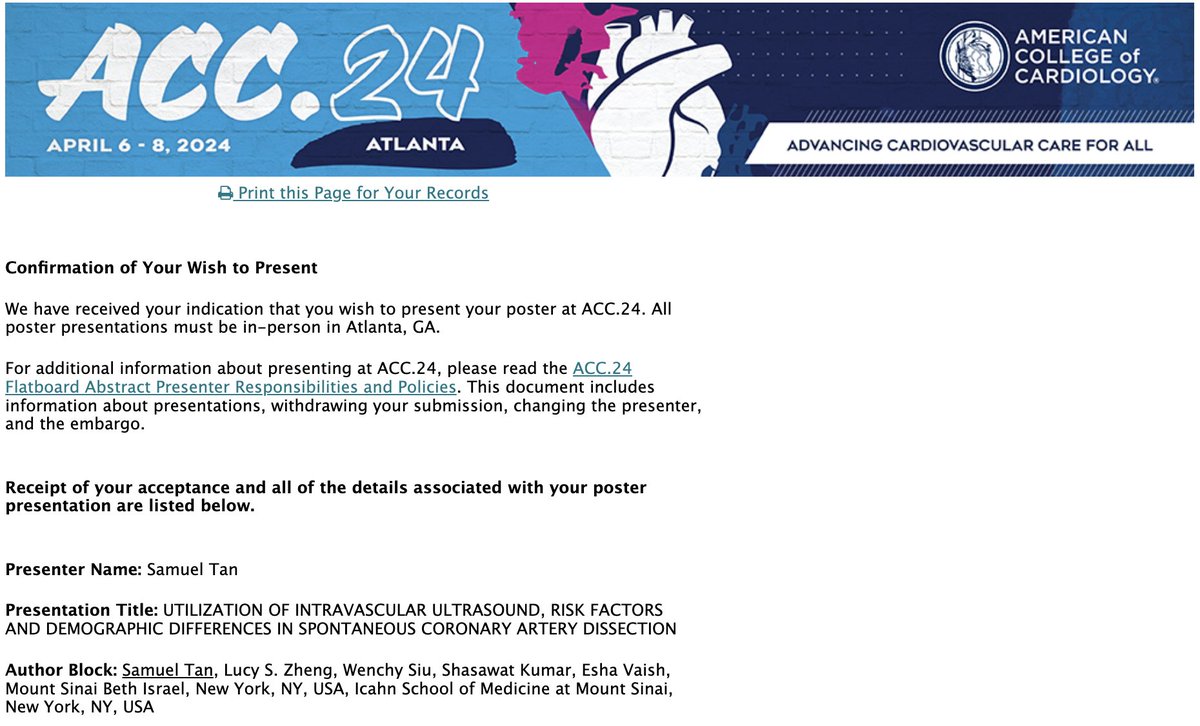 I couldn't be more excited for #ACC24! With 4 additional presentations by our team, expect a strong <a href="/MSBI_IM/">Mount Sinai Beth Israel Internal Medicine</a> presence in Atlanta this coming April. Can't wait to see everyone there!

<a href="/ACCinTouch/">American College of Cardiology</a>