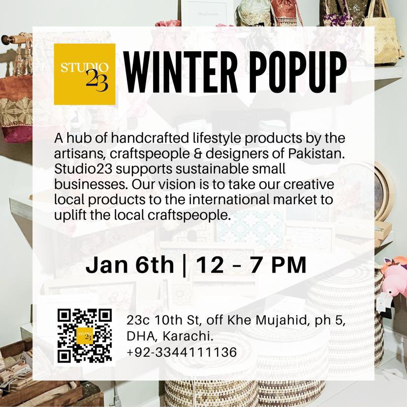 Khanzdesigns's tweet photo. You're Invited to the STUDIO23 WINTER POPUP this Saturday!

Come and show your support for local 🇵🇰 small businesses and craftspeople!
KHANZ will be there, along with some incredible women-led businesses. Find home decor, apparel, jewelry, and beauty – all under one roof! https://t.co/o7XHdD1qxB