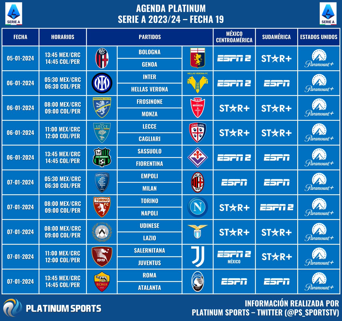 ⚽️ #AgendaPLATINUM 🇮🇹 #SerieATIM 2023/24 - Fecha 19 ➡️ Información para Latinoamérica y Estados Unidos. ⚠️ Sujeto a cambios. #SerieAxESPN