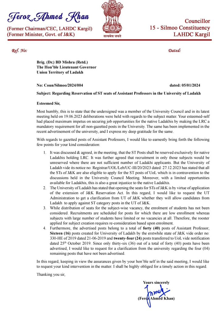 The Hon’ble @lg_ladakh is requested to intervene in the recent advertised posts of AP’s in University of Ladakh so as to bring clarity regarding the reservation/distribution of subject wise vacancy.