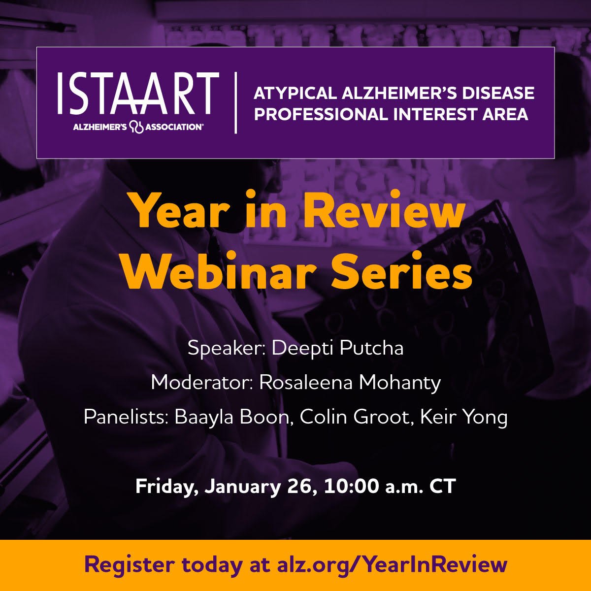 Three weeks until the @ISTAART @AtypicalPIA year in review! Come listen to Dr. Deepti Putcha as she discusses the past highlights and future directions of the field of atypical #AD. Register today! @RikOssenkoppele @NRGMayo @BaaylaB @Colin__Groot @KeirYong @Rosaleena_M