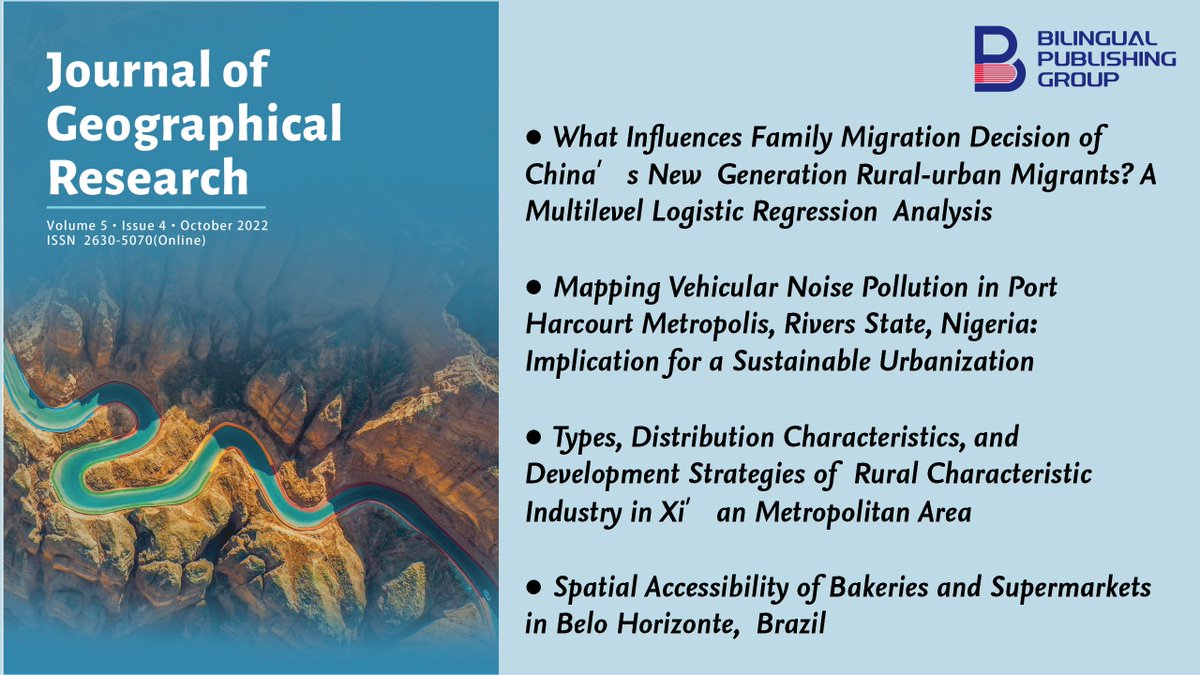 JGR_Office's tweet photo. Journal of Geographical Research  
Vol. 5 No. 4  
All articles are available online for free https://t.co/8sFeh34XrZ
If you have articles to publish or would like to join the journal editorial board, please contact this email  
Hathli Li jgr@bilpublishing.com https://t.co/OXVgBbXPFS