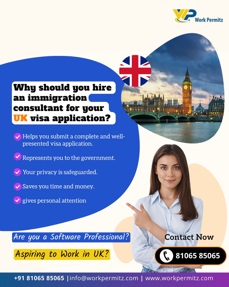 workpermitz's tweet image. Unlock a smooth journey to the UK! Hiring an immigration consultant ensures expert guidance, minimizing paperwork hassles and maximizing your visa approval chances. Let professionals navigate the complexities.
81065 85065
smpl.is/8fh81
#ukworkpermit #uk