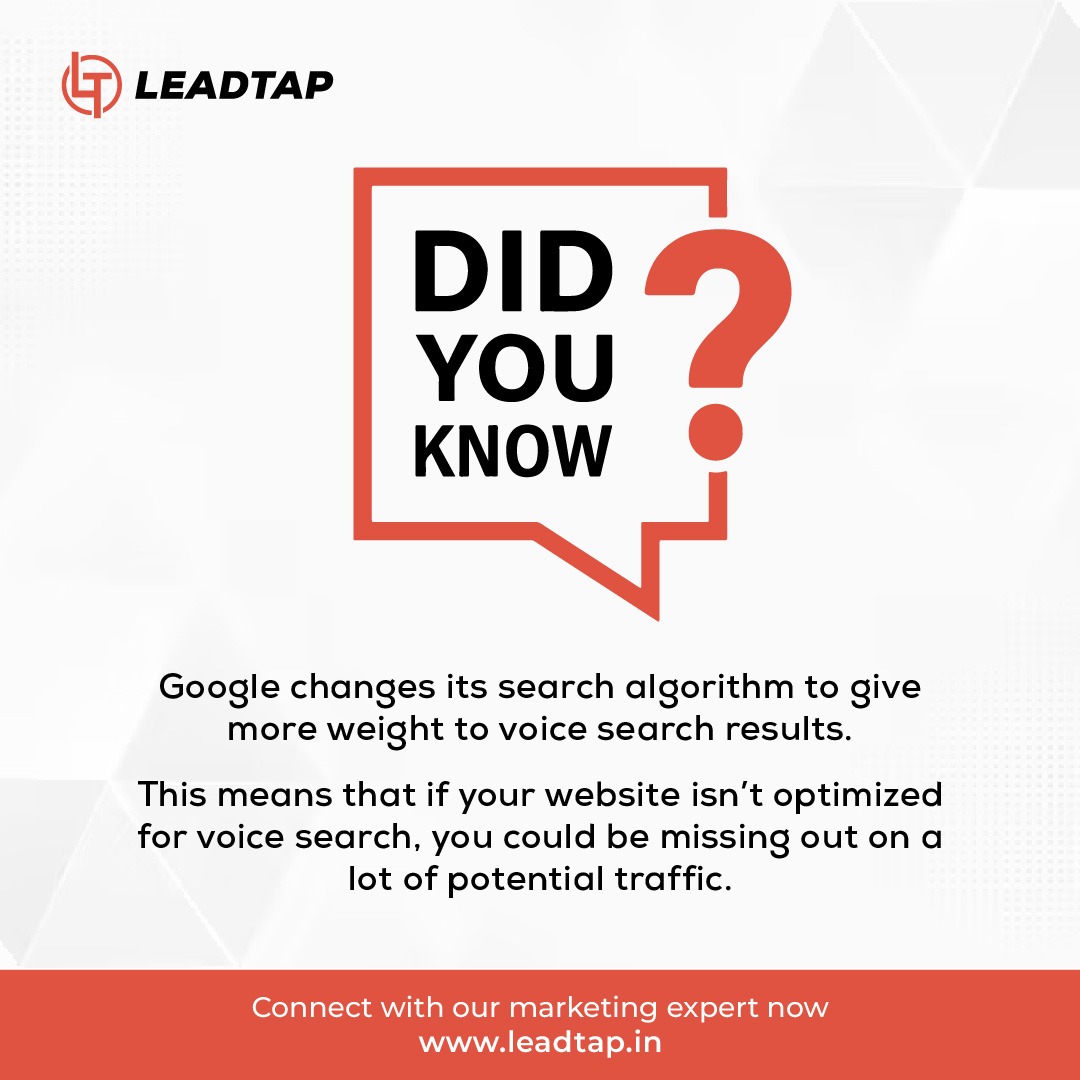 leadtapindia's tweet image. Don't get left on mute! Optimize your website for voice search now.
#didyouknow #searchalgorithms #voicesearch #optimization #googletrends #digitalmarketing #digitalmarketingtips #digitalmarketingagency #leadtap