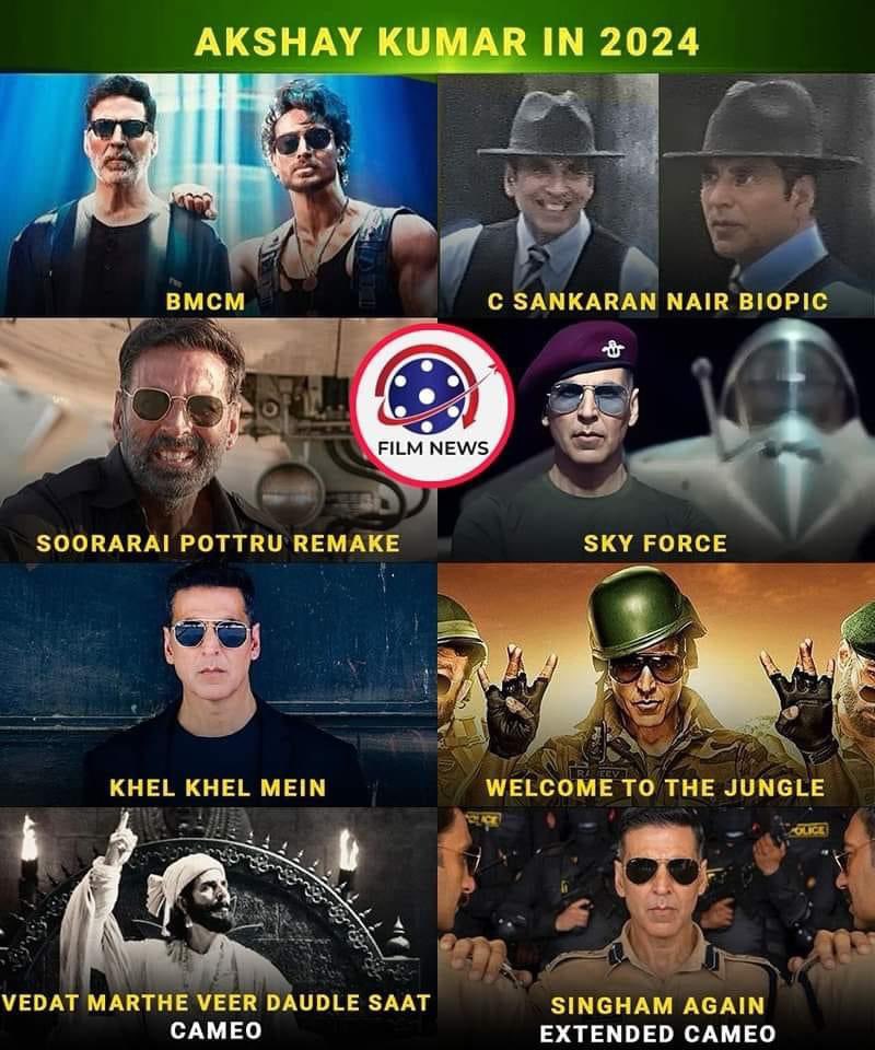 2024= Akshay Kumar 
अक्षय सर के पास 2024 के लिए 6 फिल्में और 2 कैमियो सेट हैं। ये अब निर्माताओं पर निर्भर है कि कौन सी फिल्म कब और किस मंच पर आएगी।

#OCDTimes #Bollywood #BollywoodActor

#AkshayKumar #BMCM #BadeMiyanChoteMiyan

#CSankaranNair #SkyForce #Udaan #Khel Khel Mein