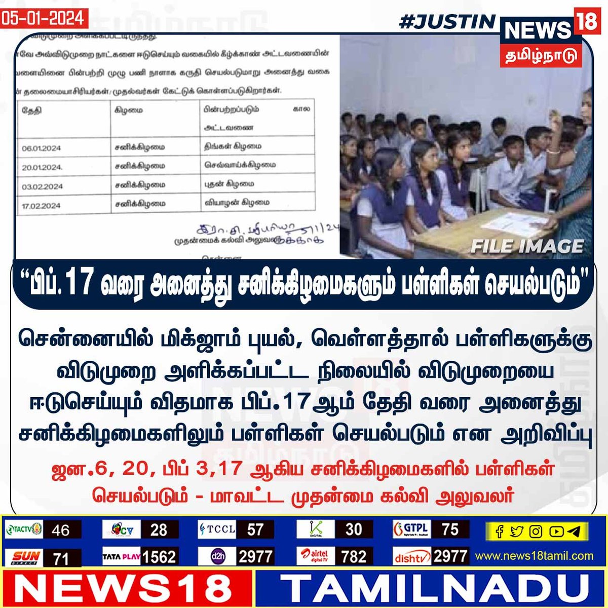 News18TamilNadu's tweet photo. #JUSTIN “சென்னை: பிப்.17 வரை அனைத்து சனிக்கிழமைகளும் பள்ளிகள் செயல்படும்" #Chennai #School #cyclonemichaugn #news18tamilnadu | https://t.co/7dpn9FD15R https://t.co/cgM2Ker8hO