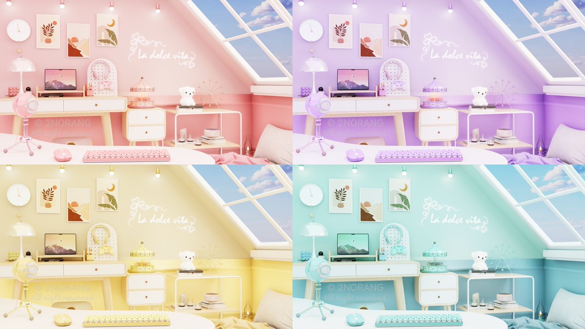 ✨La Dolce Vita Room✨

달콤하고 사랑스러운 일이 가득할 것 같은 방🩷
총 4가지 색상을 낮과 밤으로 만나보세요💛

🎁팔로우+RT 중 1분께 보내드립니다!
🎁구입링크 2norang.com

#버튜버 #스트리머 #치지직 #방송배경 #커미션 #b3d